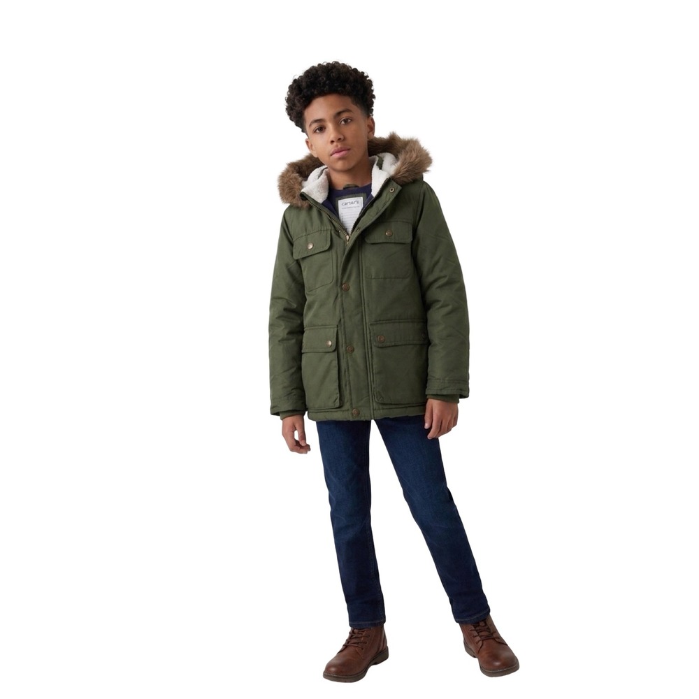 Carters Boys Size 7 Olive Green Puffer Jacket Faux Fur Hooded Winter Parka Coat